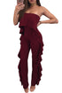 Sexy Burgundy Delicate Ruffle Trim Strapless Jumpsuit